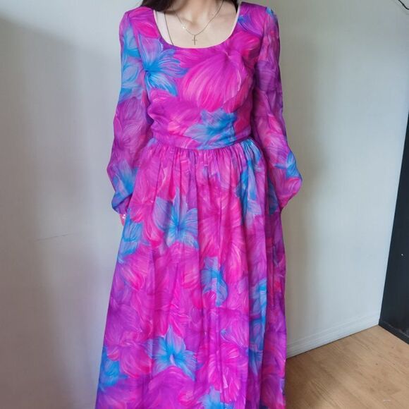 Vintage Maxi Dressย Neon 70s 60s 70sโChiffonโPuffโFestival - Picture 7 of 13